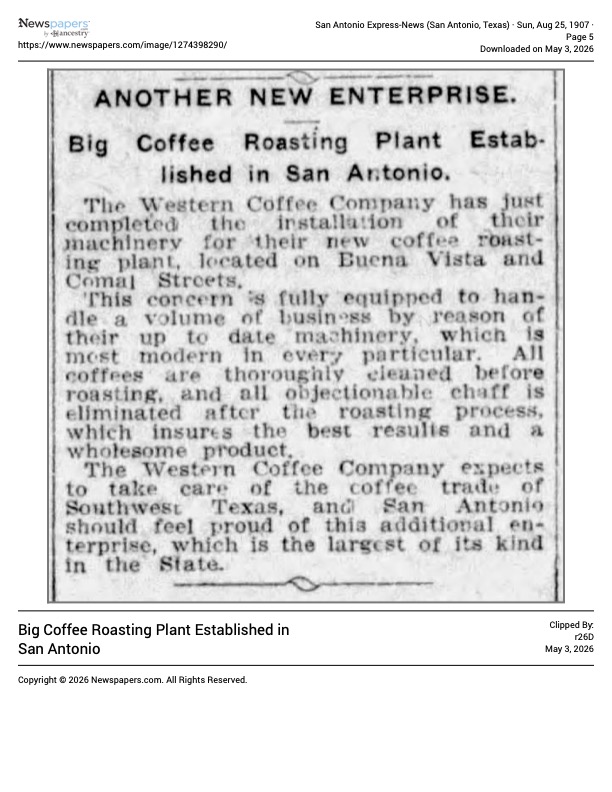 San Antonio Express-News clipping — Western Coffee Co. roasting plant, 25 August 1907