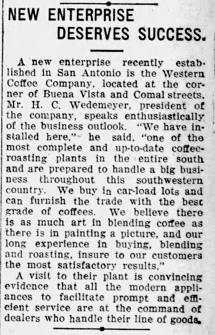 San Antonio Light clipping — "New Enterprise Deserves Success," Western Coffee Company at Buena Vista & Comal, 25 August 1907