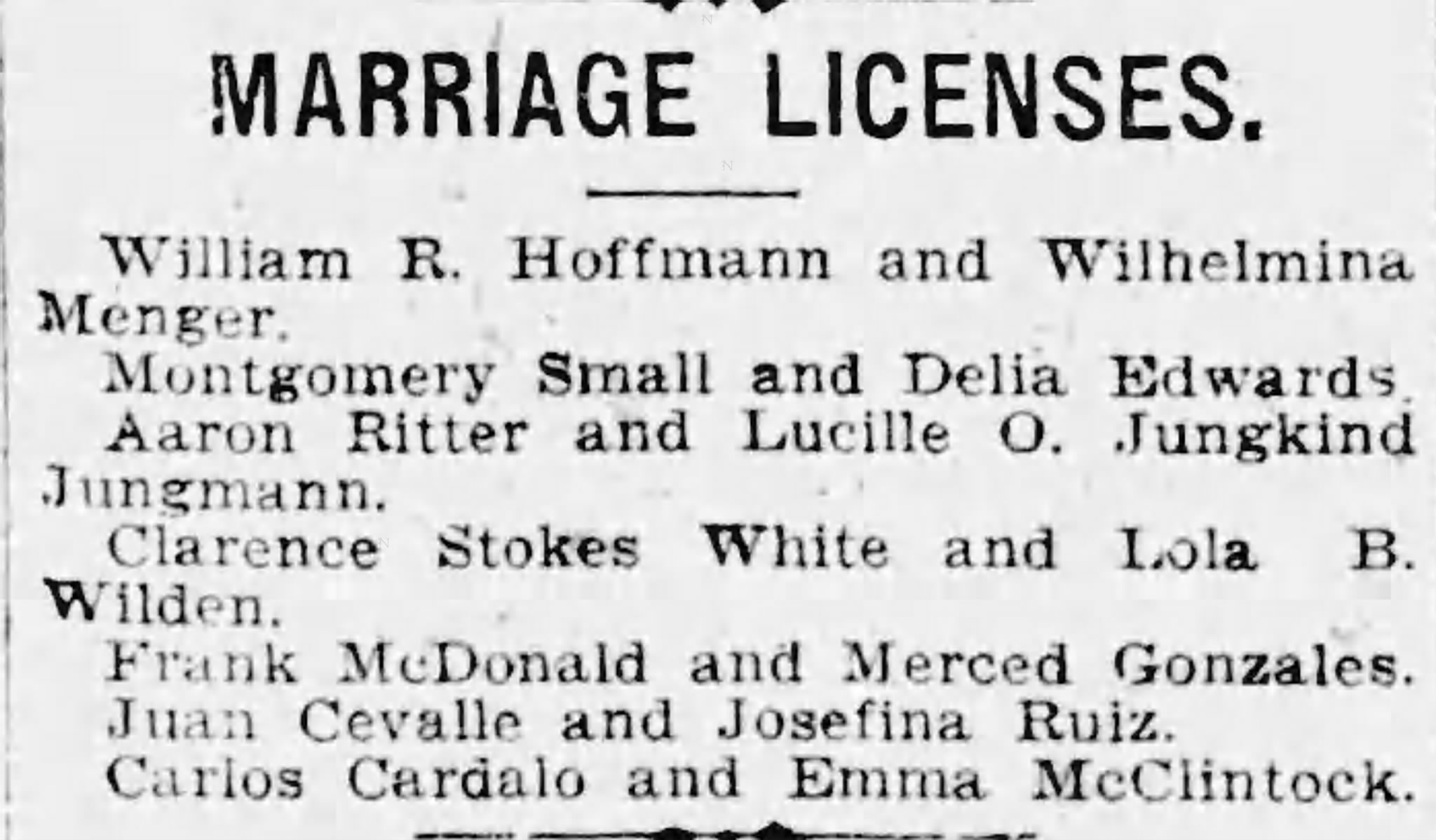 Newspaper column: Marriage licenses listing Hoffmann–Menger — *San Antonio Light*, 2 Jun 1909, p. 6
