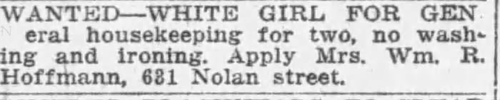 Classified want ad — Mrs. Wm. R. Hoffmann, 631 Nolan; San Antonio Light, 26 Oct 1911, page 14