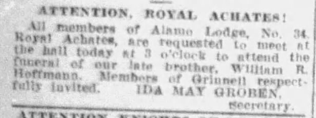 Newspaper notice: Alamo Lodge No. 34 Royal Achates funeral call for William R. Hoffmann — *San Antonio Express-News*, 11 Jan 1912, p. 14