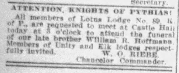 Newspaper notice: Lotus Lodge No. 89 K. of P. funeral call for William R. Hoffmann — *San Antonio Express-News*, 11 Jan 1912, p. 14