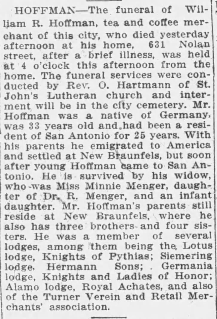 Death notice — William R. Hoffman; San Antonio Light, 11 Jan 1912, page 4