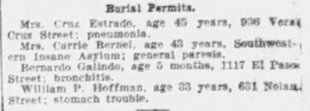 Newspaper column: Burial permits listing four decedents — *San Antonio Express-News*, 13 Jan 1912, p. 8
