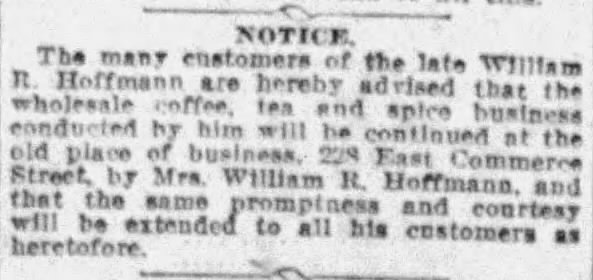 Newspaper notice: business continuation after William R. Hoffmann’s death — Mrs. Hoffmann at 228 East Commerce — *San Antonio Express-News*, 16 Jan 1912, p. 16