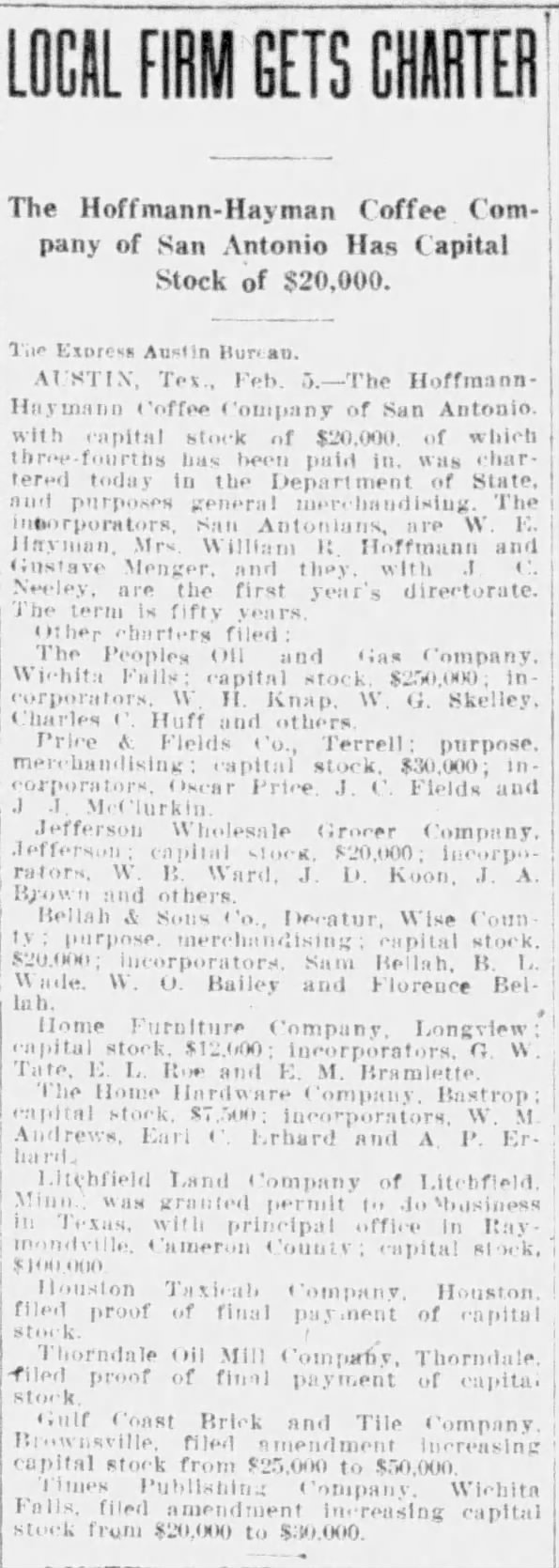 Newspaper clipping: “Local Firm Gets Charter” — Hoffmann-Hayman Coffee Company charter filed at Austin — *San Antonio Express-News*, 6 Feb 1912, p. 5