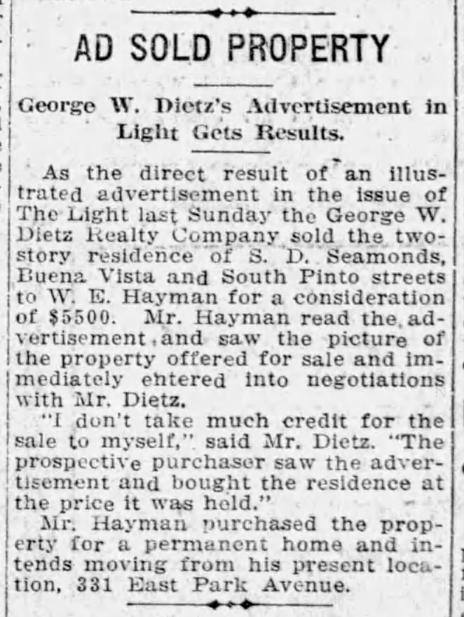 “Ad sold property” — Dietz Realty credits illustrated *Light* ad; buyer W. E. Hayman — San Antonio Light, 6 Jul 1913, page 1
