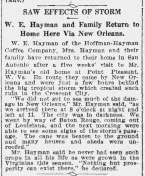 “Saw effects of storm” — W. E. Hayman of Hoffmann-Hayman on return from West Virginia via New Orleans — San Antonio Express-News, 8 Oct 1915, page 18