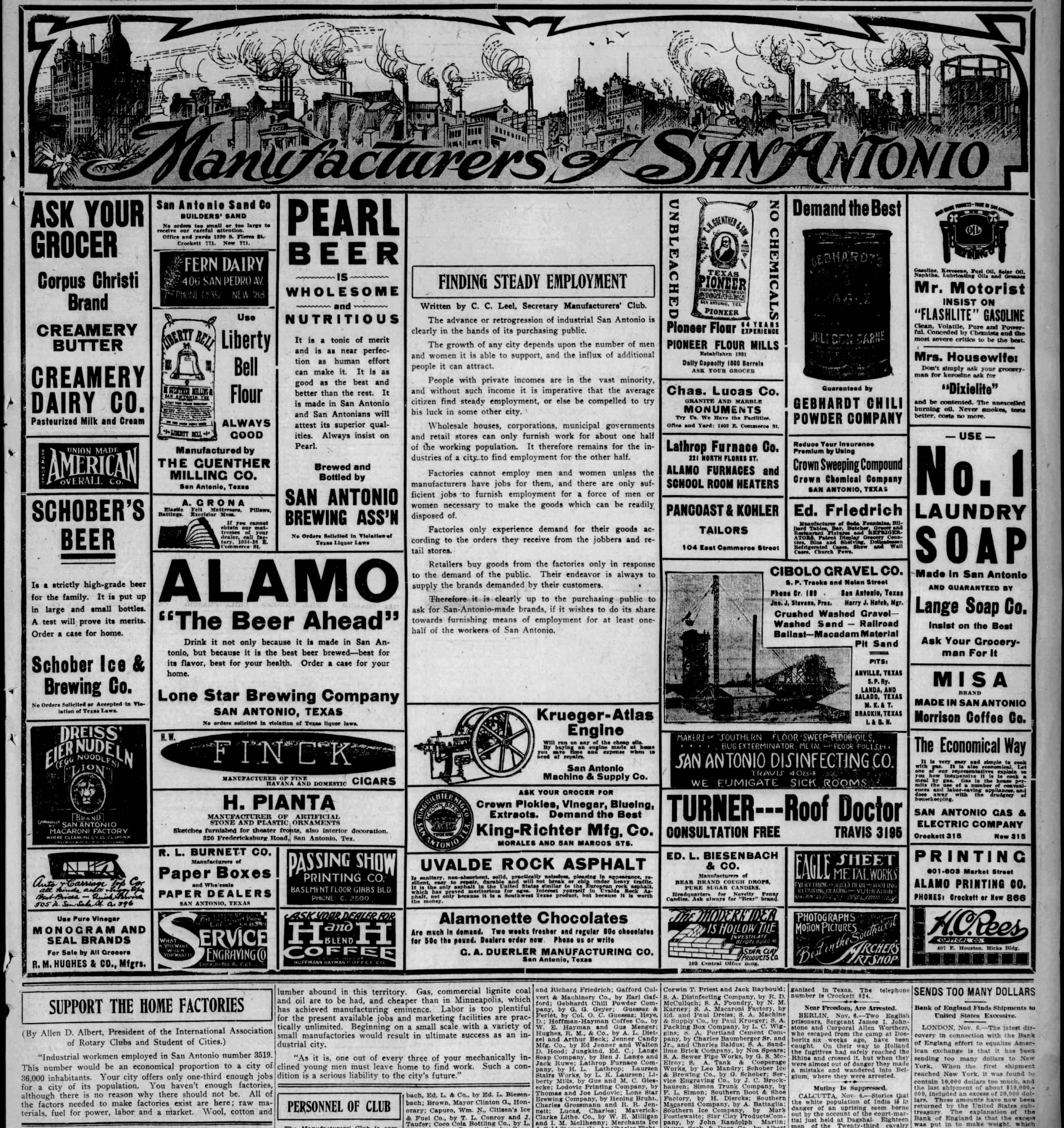 Full-page “Manufacturers of SAN ANTONIO” grid — essays by Manufacturers’ Club; Hoffmann-Hayman H & H Coffee display — San Antonio Light, 7 Nov 1915, page 33