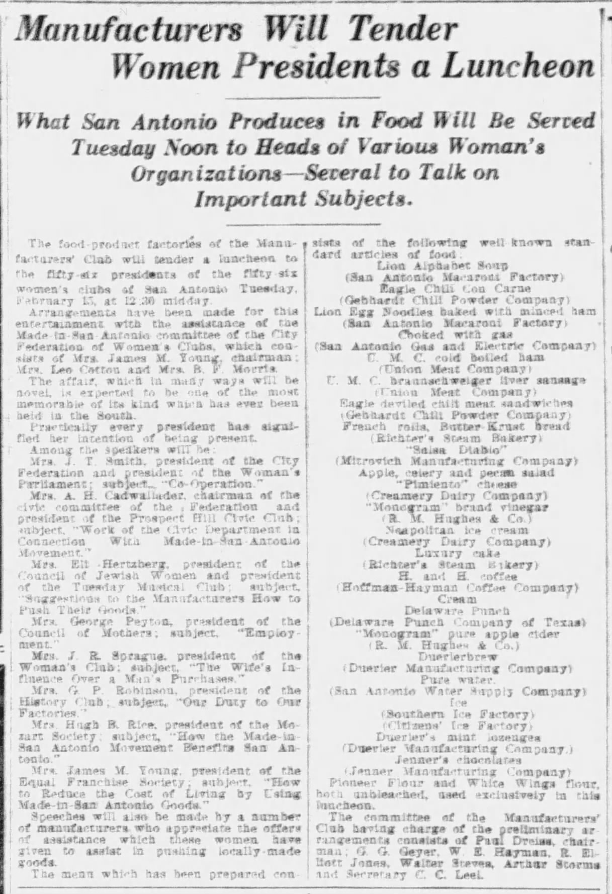 Manufacturers’ Club luncheon for women’s-club presidents — menu lists H. and H. coffee (Hoffmann-Hayman); W. E. Hayman on arrangements — Express-News, 13 Feb 1916, page 15
