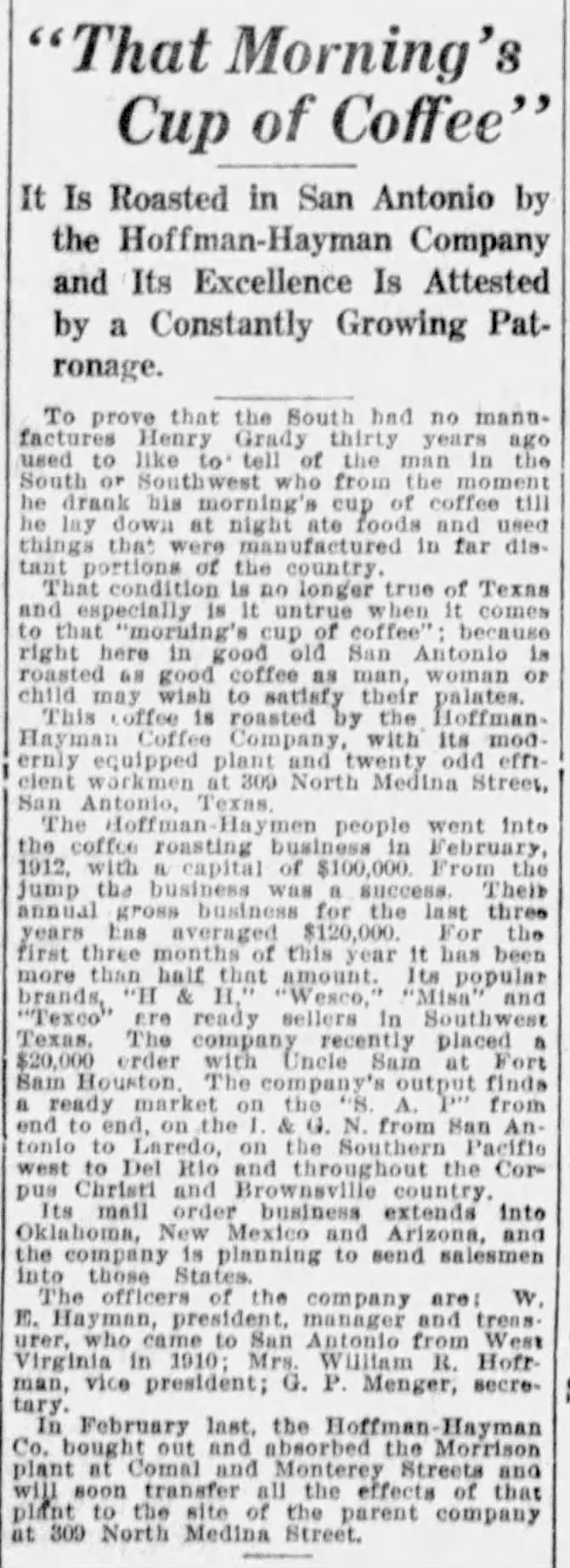 Sunday feature — local roasting, Morrison absorption, brands and officers — Express-News, 29 Apr 1917, page 24
