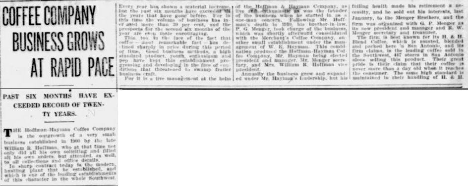 News column — Hoffmann-Hayman growth; H. & H. Blend; shoe company column alongside — Express-News, 1 Aug 1920, page 77