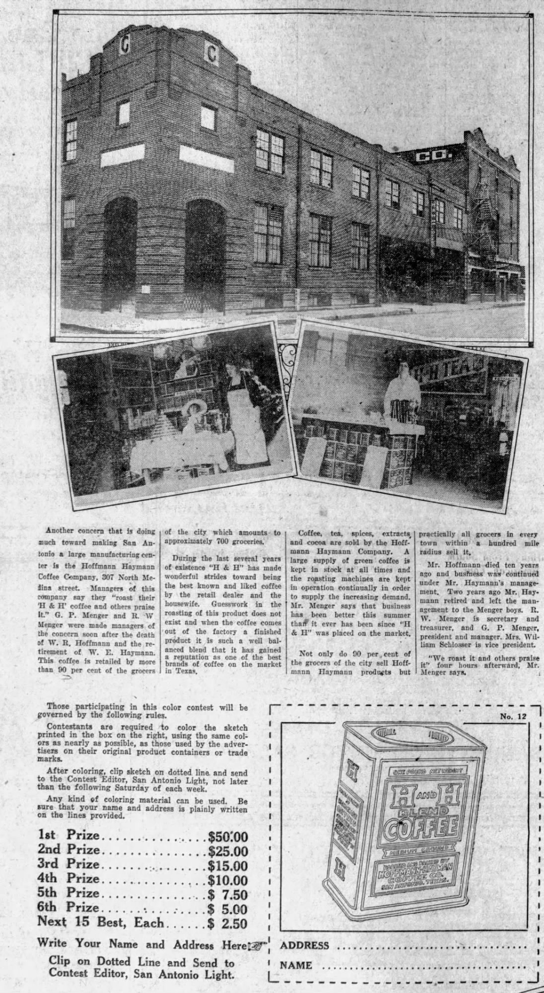 “Little Journeys” feature — plant exterior, interior shots, and H and H contest tin line art; San Antonio Light, 10 Dec 1922, page 20