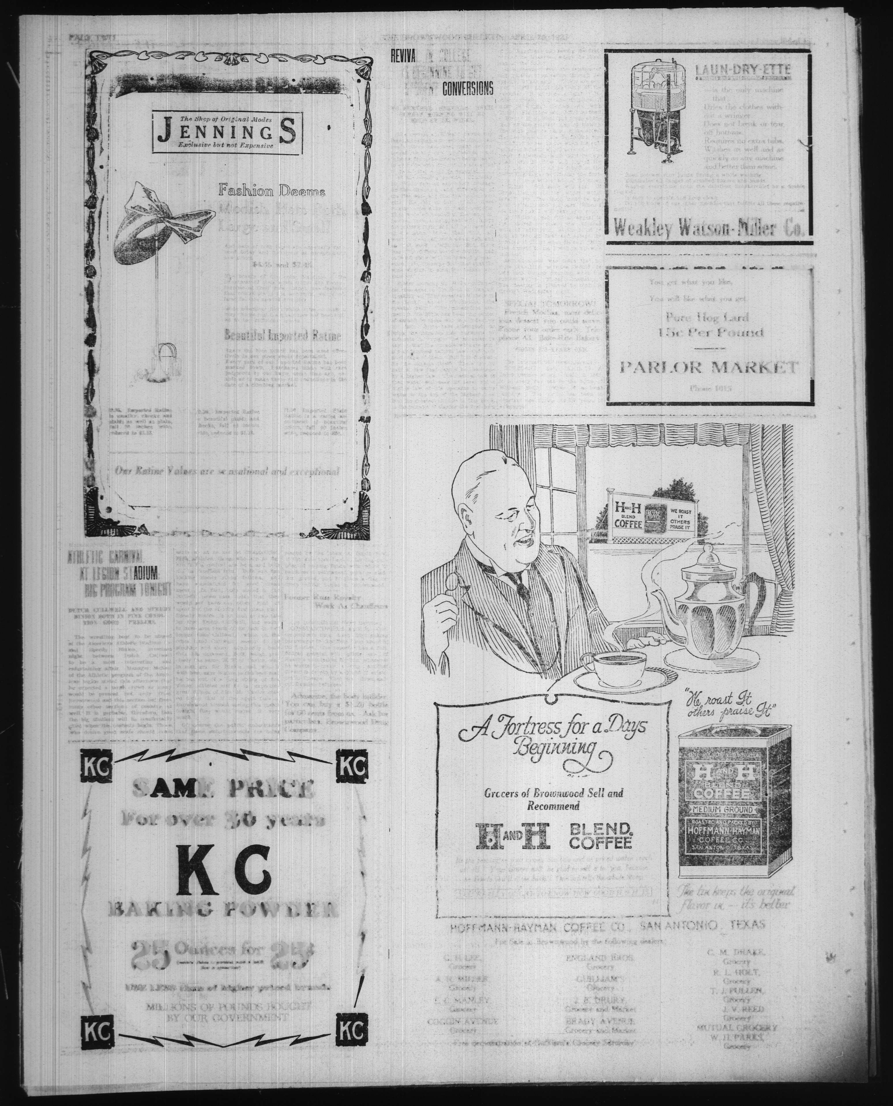 Half-page H. & H. Blend Coffee dealer ad on page 2 of the Brownwood Bulletin, 20 April 1923 — illustration of a bald, mustached man enjoying a cup of coffee with an H+H Coffee can visible on the shelf behind him, alongside a tin illustration and a list of Brownwood-area grocers selling the brand