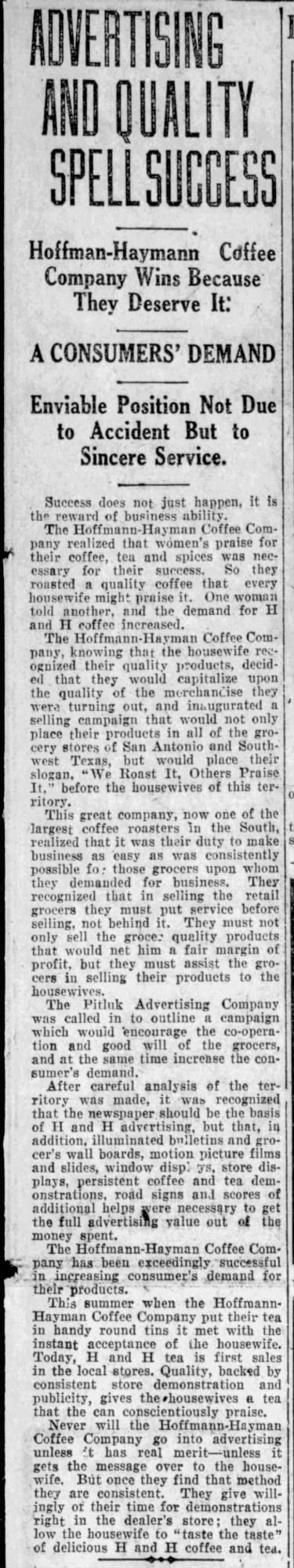 Column article — H and H advertising, quality, and grocer trade; San Antonio Light, 26 Aug 1923, page 65