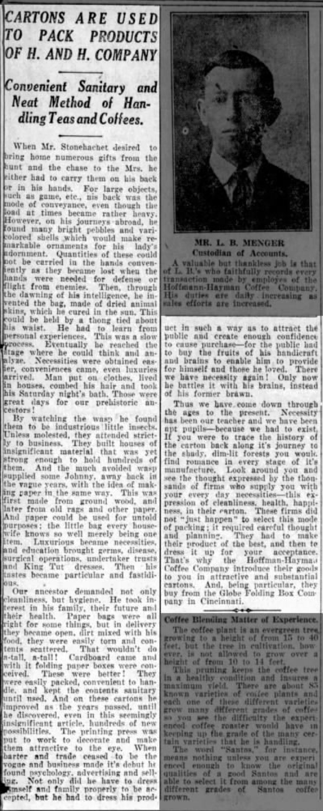Cartons are used to pack H and H products — San Antonio Light, 26 Aug 1923 Article on cartons, teas, and coffees; portrait L. B. Menger; San Antonio Light, 26 Aug 1923, page 63