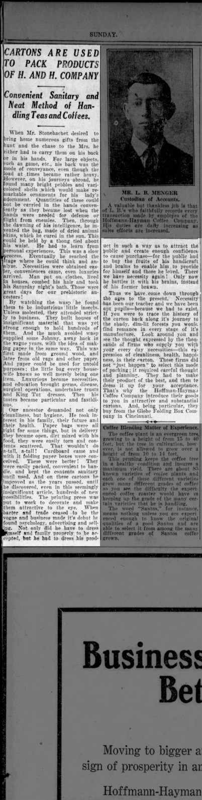 Article on cartons, teas, and coffees; portrait L. B. Menger; San Antonio Light, 26 Aug 1923, page 63