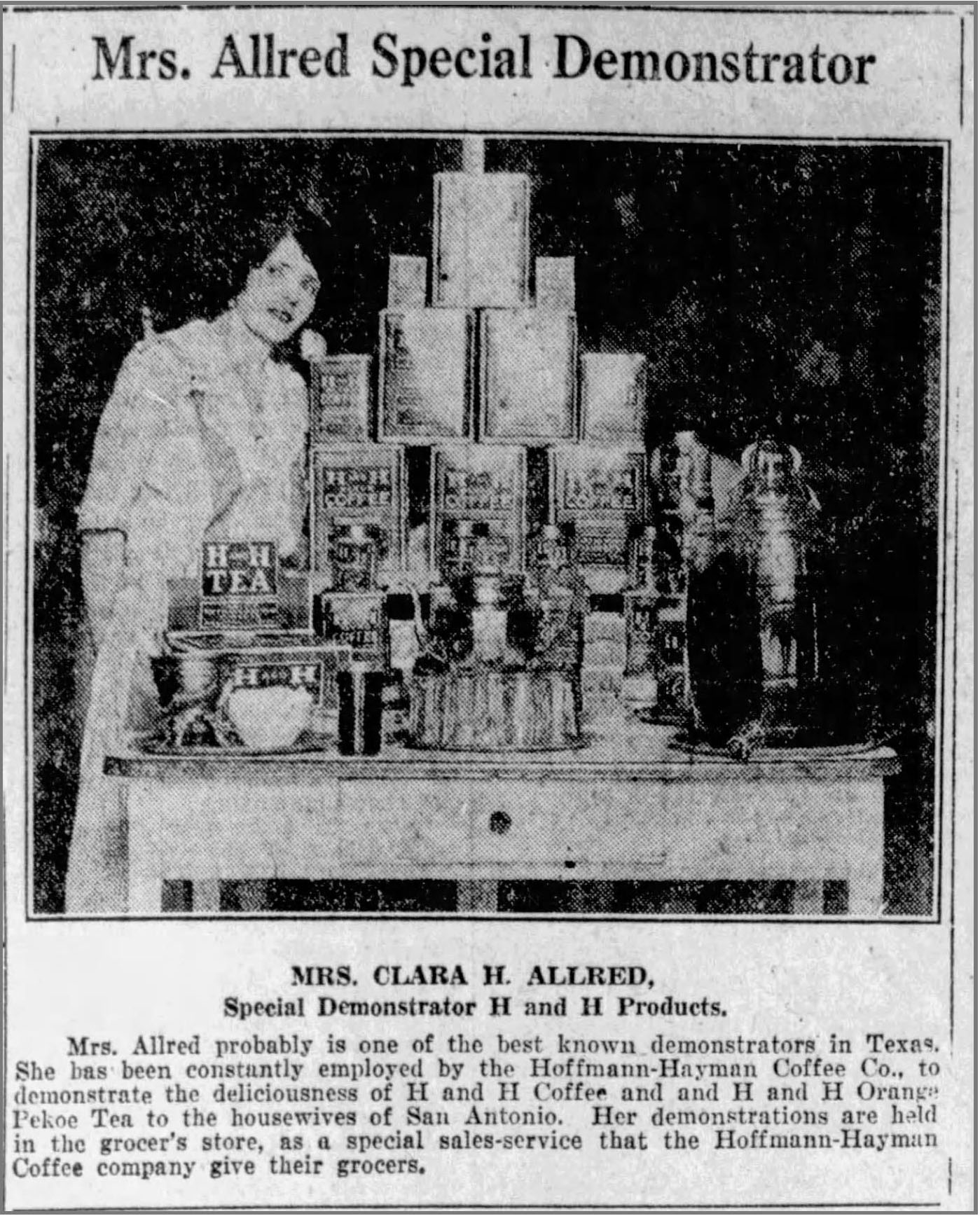 Mrs. Allred with H and H store display; San Antonio Light, 26 Aug 1923, page 62