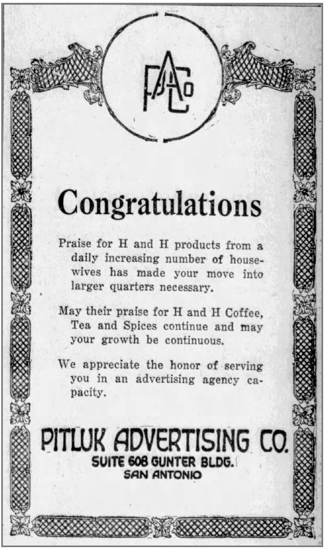 Display ad from Pitluk Advertising Co. to Hoffmann-Hayman; San Antonio Light, 26 Aug 1923, page 63