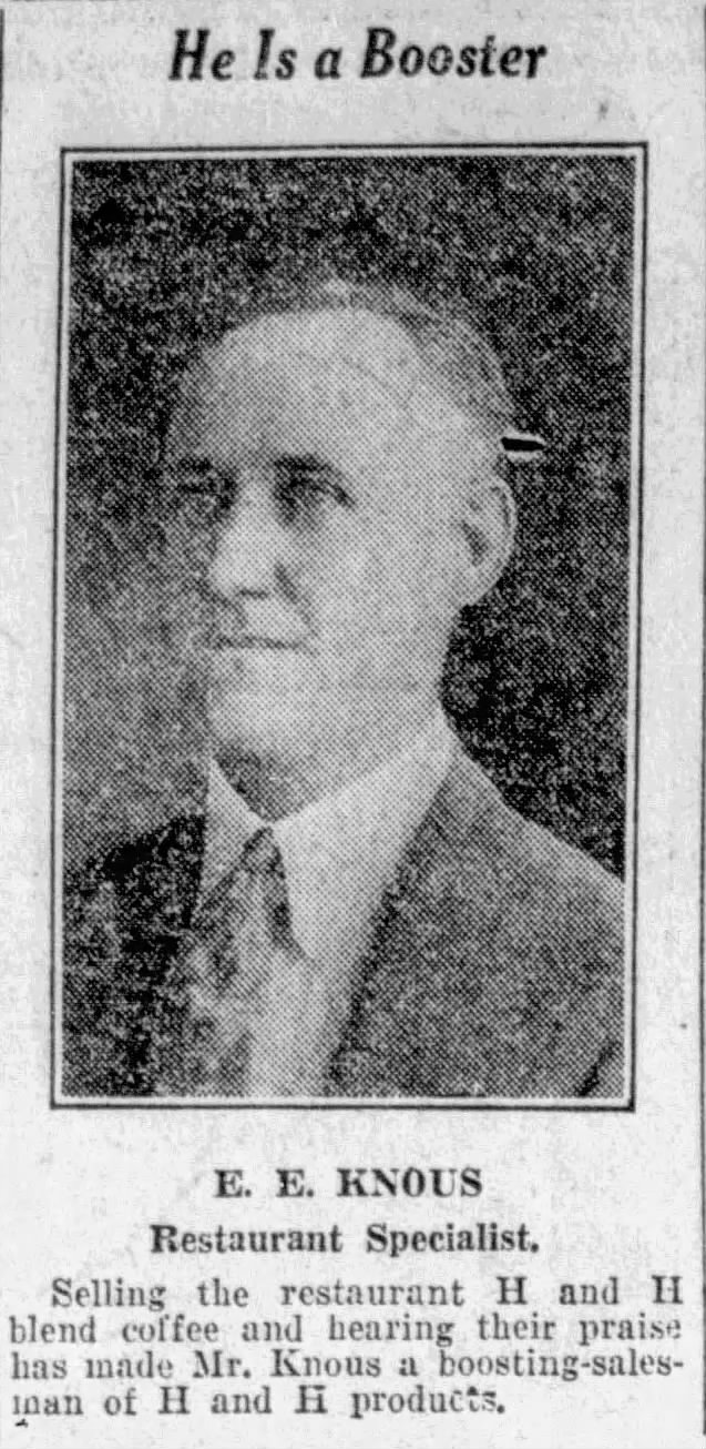 Portrait and cutline — E. E. Knous; San Antonio Light, 26 Aug 1923, page 64