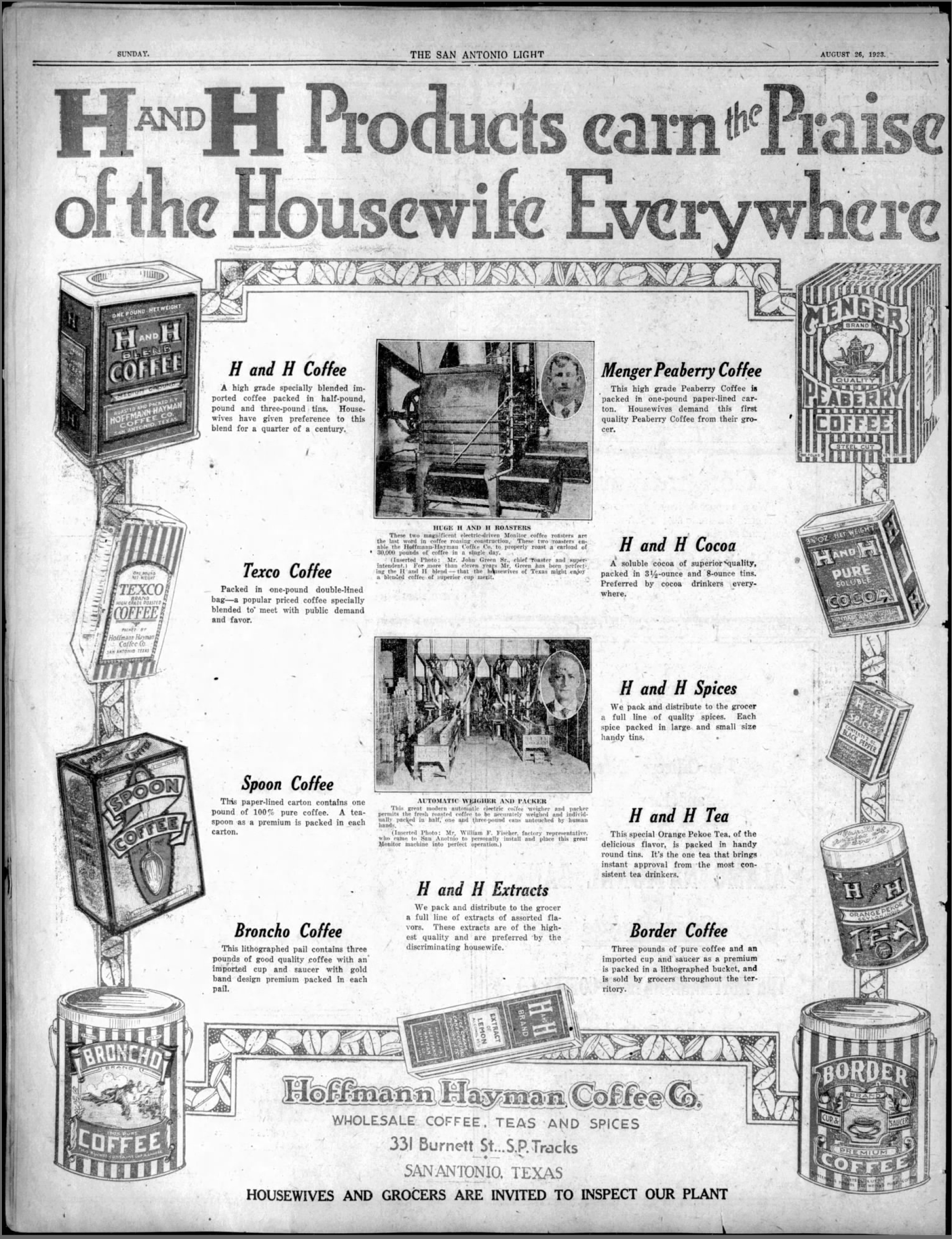 Full display — H and H products, factory photos, and line list; San Antonio Light, 26 Aug 1923, page 66