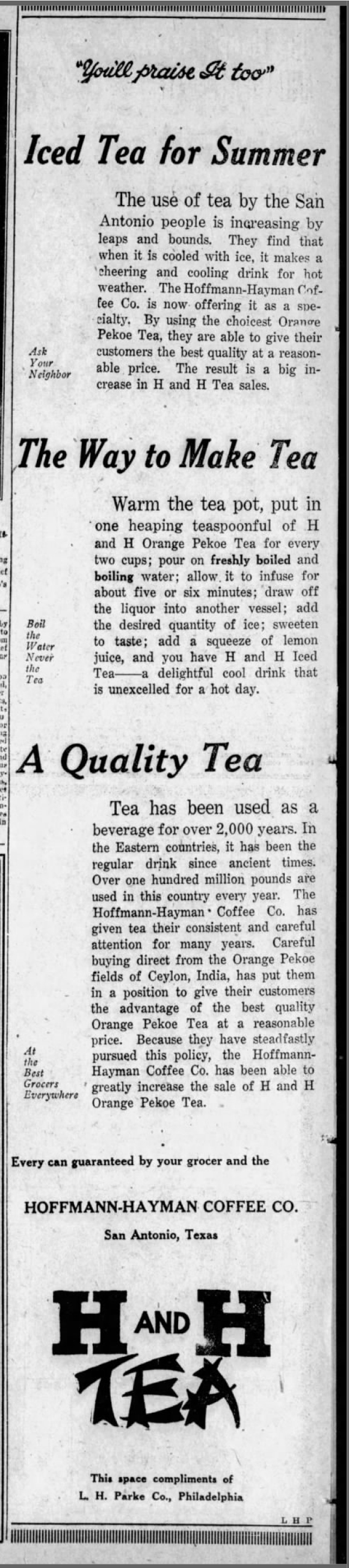 Display ad — H and H Orange Pekoe tea for iced tea; San Antonio Light, 26 Aug 1923, page 60