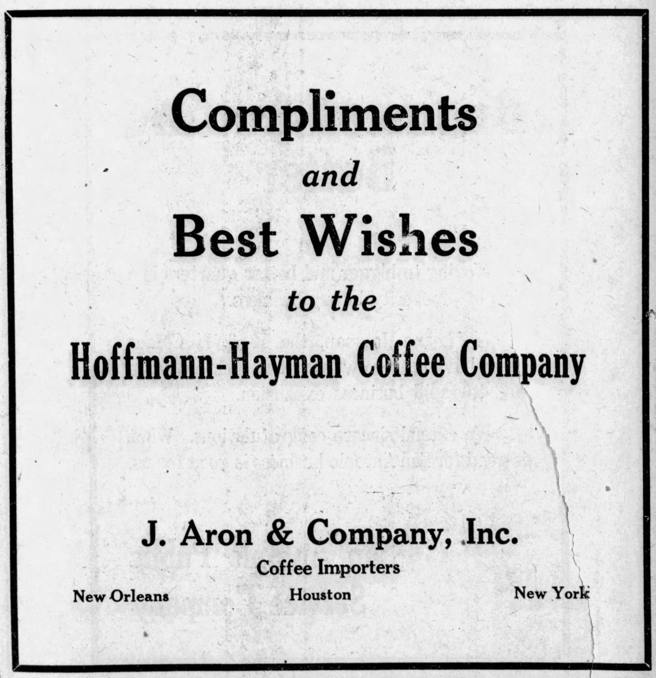 Congratulatory ad — J. Aron & Company to Hoffmann-Hayman; San Antonio Light, 26 Aug 1923, page 64