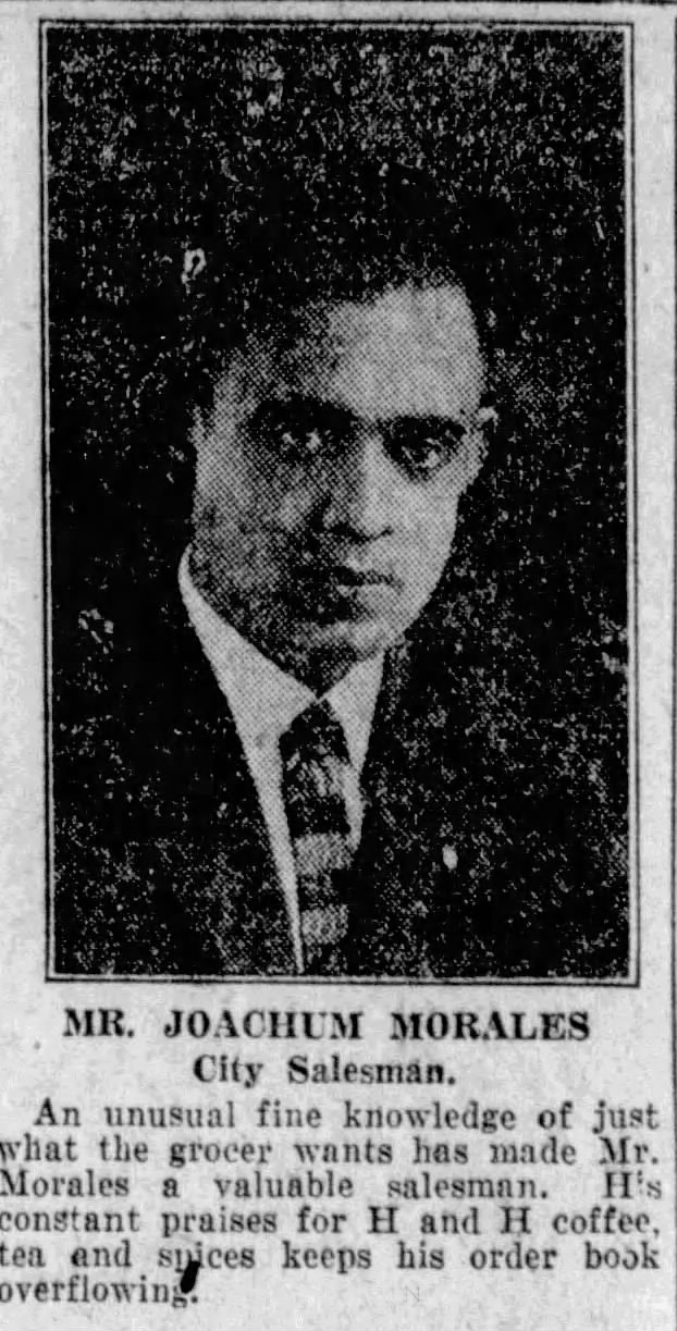 Portrait and bio — Mr. Joachum Morales, city salesman; San Antonio Light, 26 Aug 1923, page 63