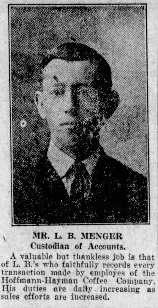 Portrait and bio — L. B. Menger, custodian of accounts; San Antonio Light, 26 Aug 1923, page 63