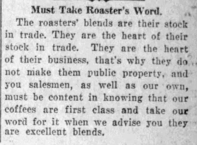 Short item on roasters’ proprietary blends, San Antonio Light, 26 Aug 1923, page 63