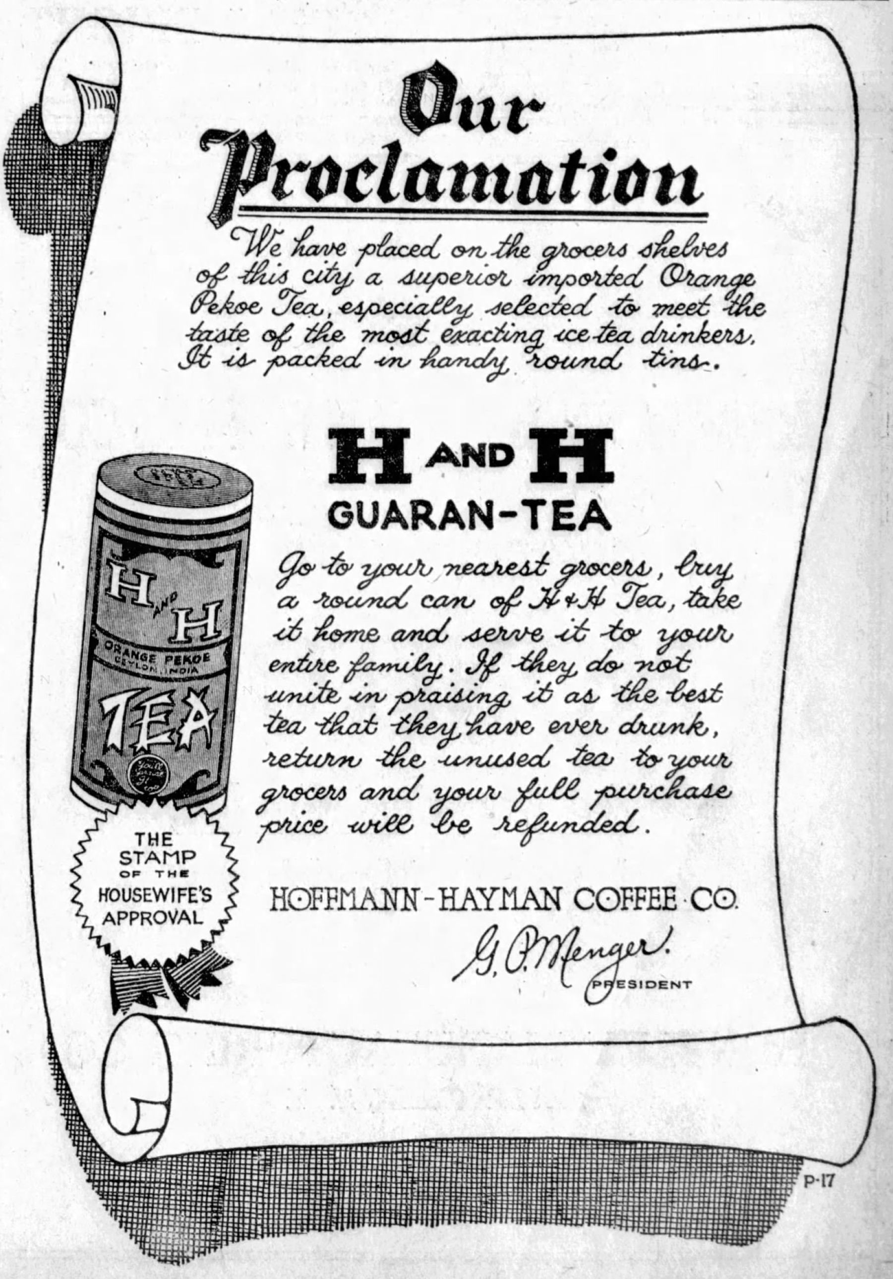 Scroll-style display ad for H and H Guaran-Tea with tin illustration; San Antonio Light, 26 Aug 1923, page 63
