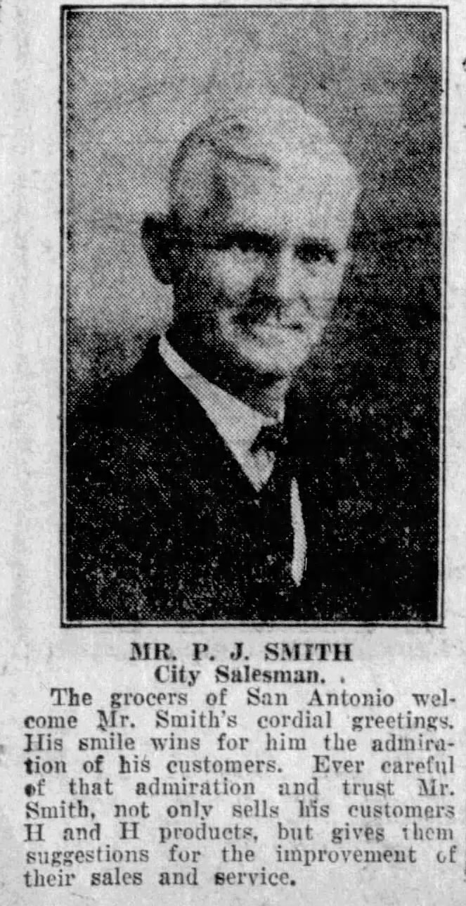 Portrait and sales blurb for P. J. Smith; San Antonio Light, 26 Aug 1923, page 65