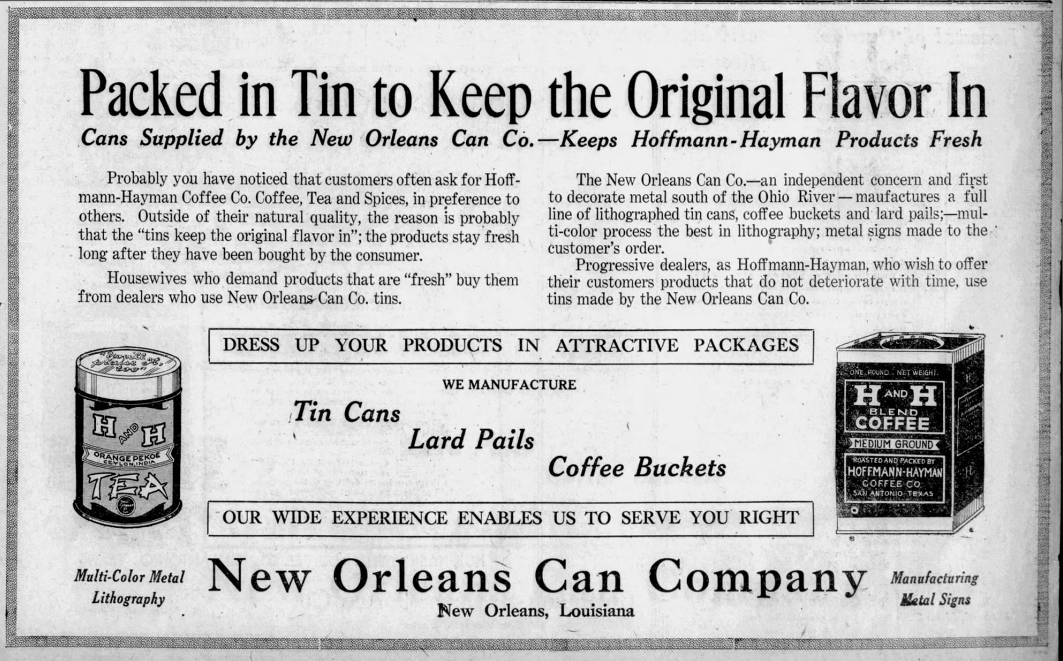 Co-op ad for New Orleans Can Co. lithography with H and H tins; San Antonio Light, 26 Aug 1923, page 61