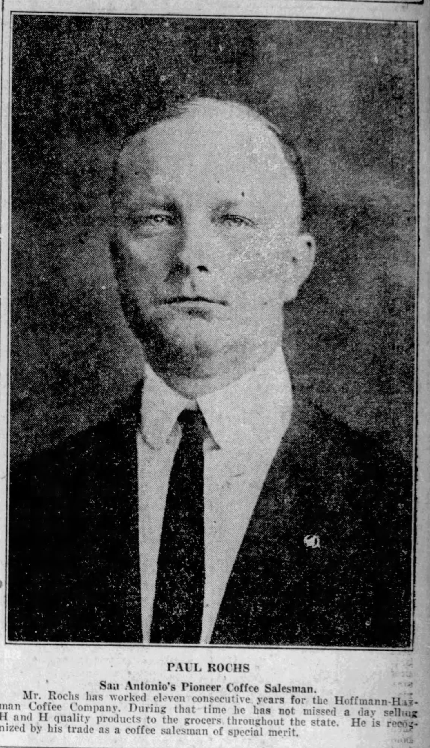 Portrait and biography of Paul Rochs; San Antonio Light, 26 Aug 1923, page 61