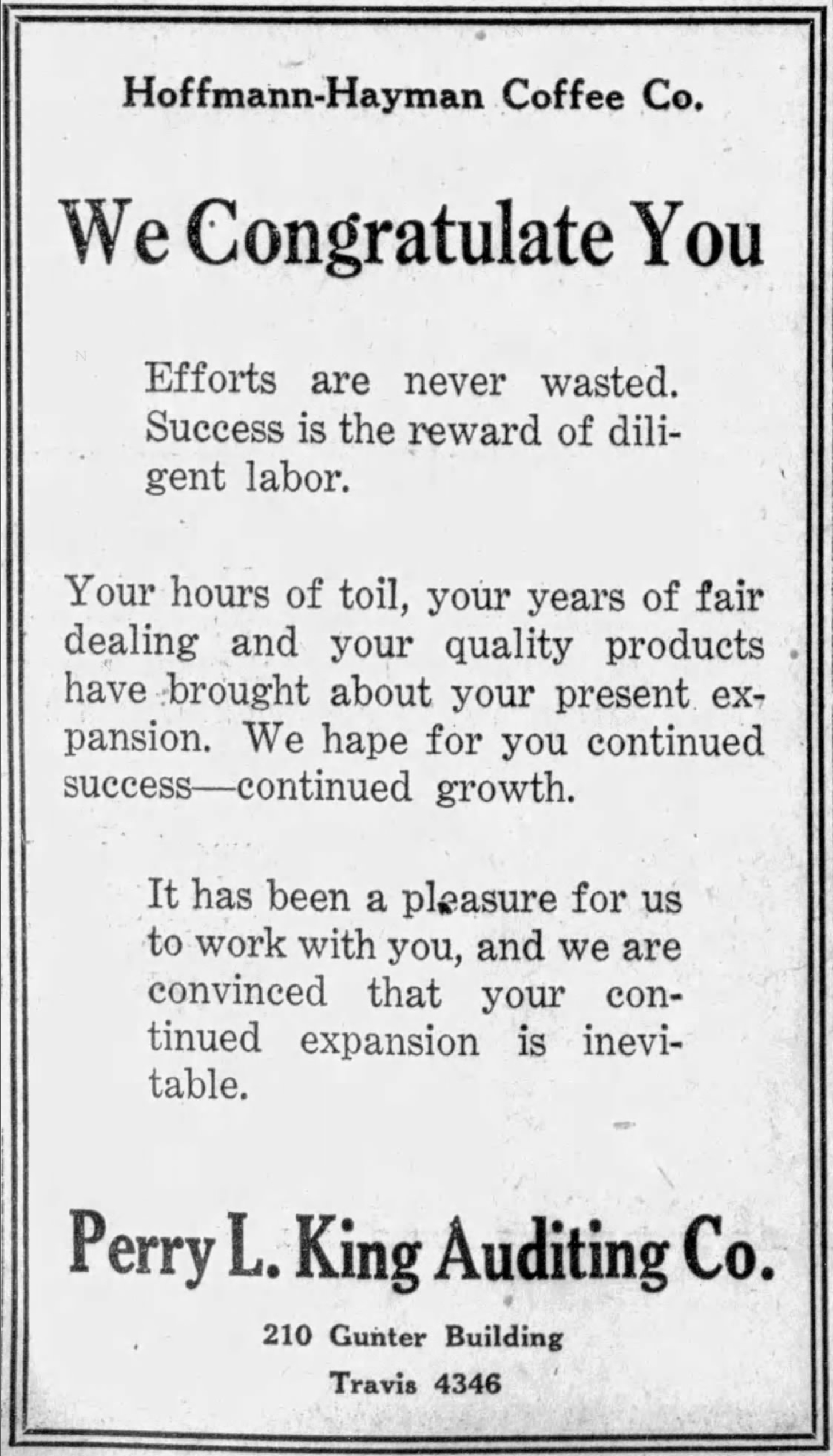 B-to-b congratulatory ad from Perry L. King Auditing Co.; San Antonio Light, 26 Aug 1923, page 60