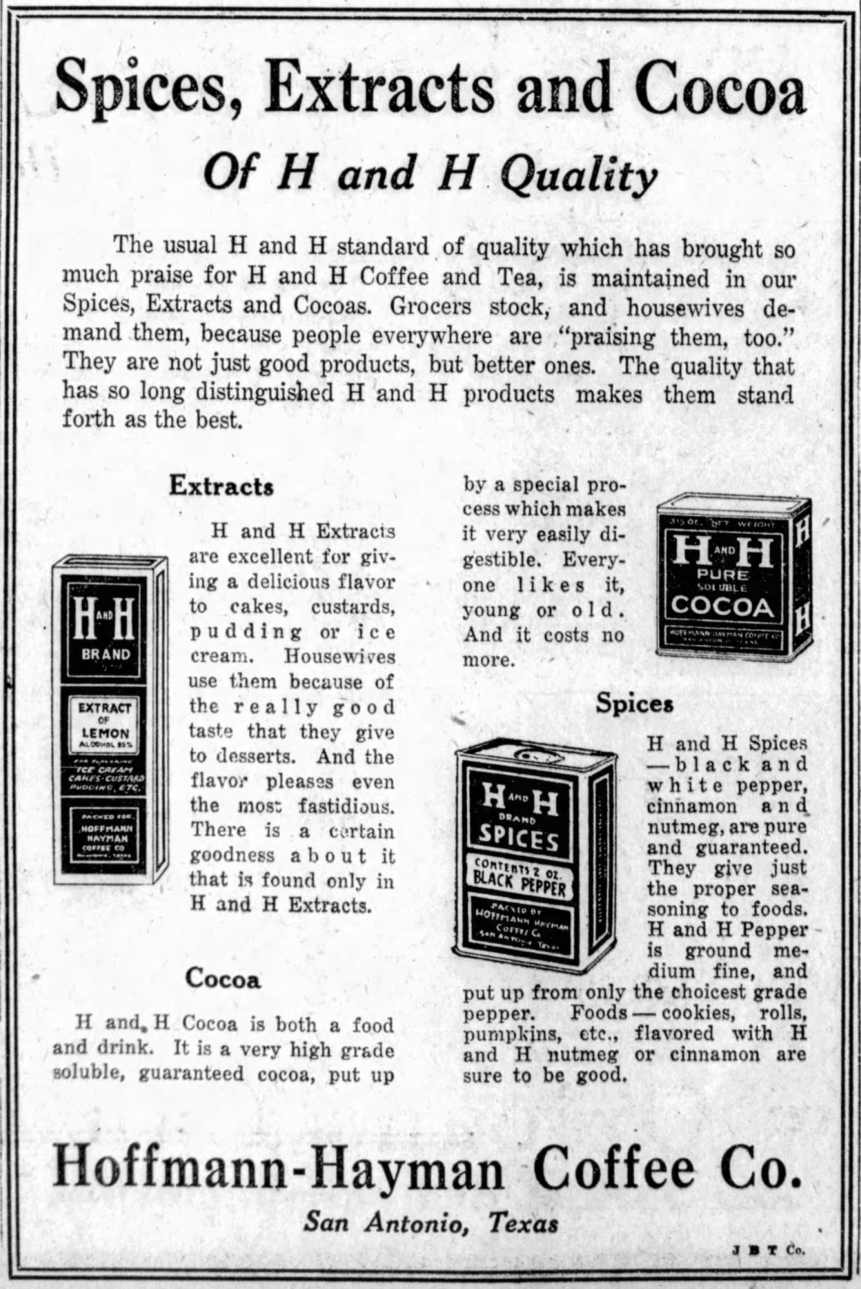 Bordered display ad for H and H spices, extracts, and cocoa with pack illustrations; San Antonio Light, 26 Aug 1923, page 60