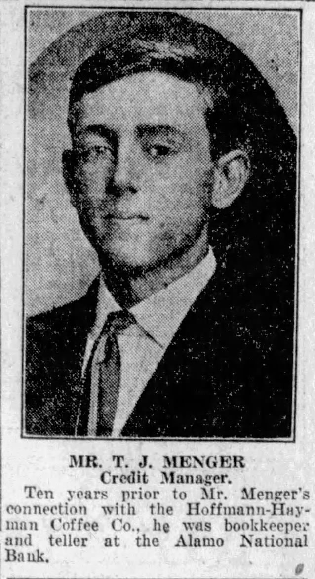 Portrait of T. J. Menger, credit manager; San Antonio Light, 26 Aug 1923, page 63