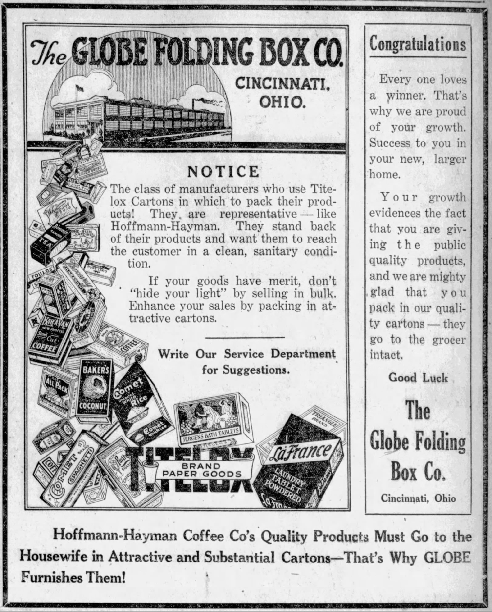 B2B ad: Globe cartons, Titelox, pile of product boxes; San Antonio Light, 26 Aug 1923, page 65