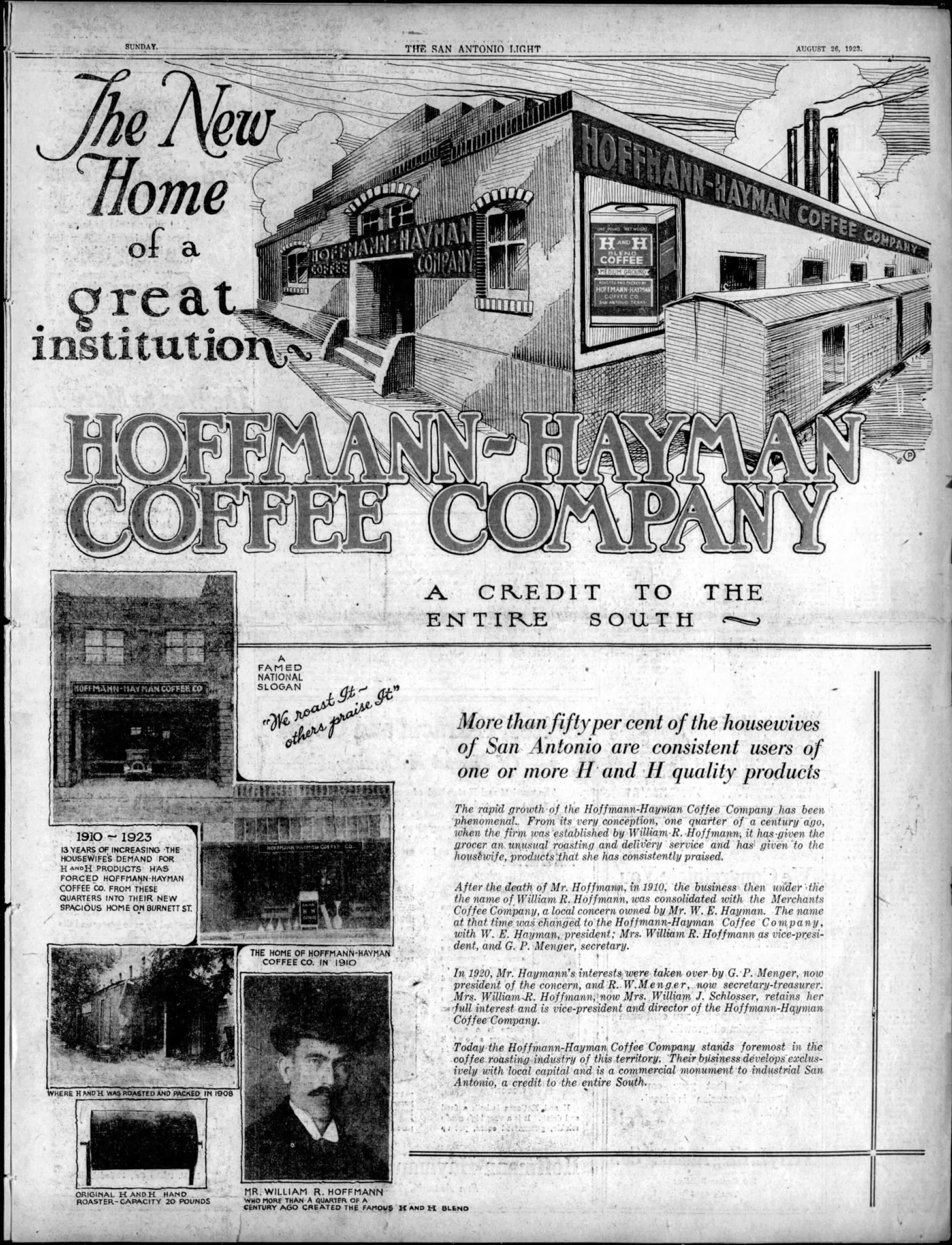 Full-page: new plant, 1905/1910 insets, Wm. R. Hoffmann portrait; San Antonio Light, 26 Aug 1923, page 59