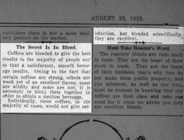 Two-column clip: The secret is in blend; San Antonio Light, 26 Aug 1923, page 63