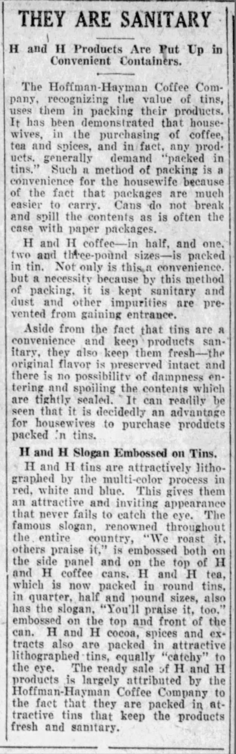 Column: They are sanitary; tin sizes and slogans; San Antonio Light, 26 Aug 1923, page 65