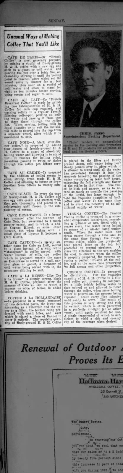 Jasso portrait; column of coffee "recipes"; outdoor ad letter; San Antonio Light, 26 Aug 1923, page 62