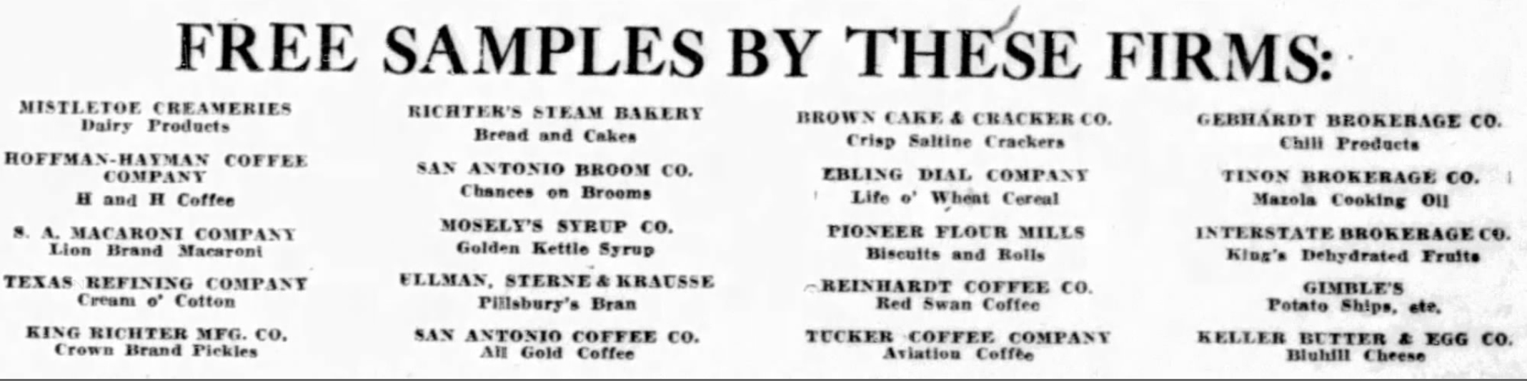Boxed listing “Free samples by these firms”; San Antonio Express-News, 9 Feb 1924, page 5