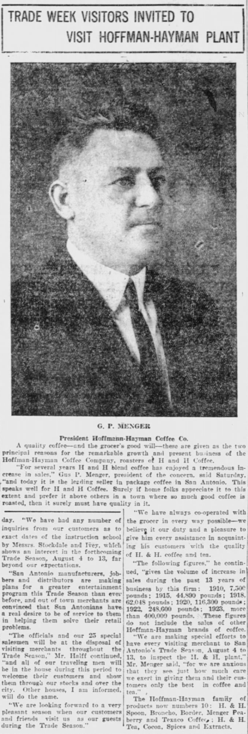 Head: Trade week visitors; G. P. Menger portrait; sales tonnage; Express-News, 27 Jul 1924, page 85