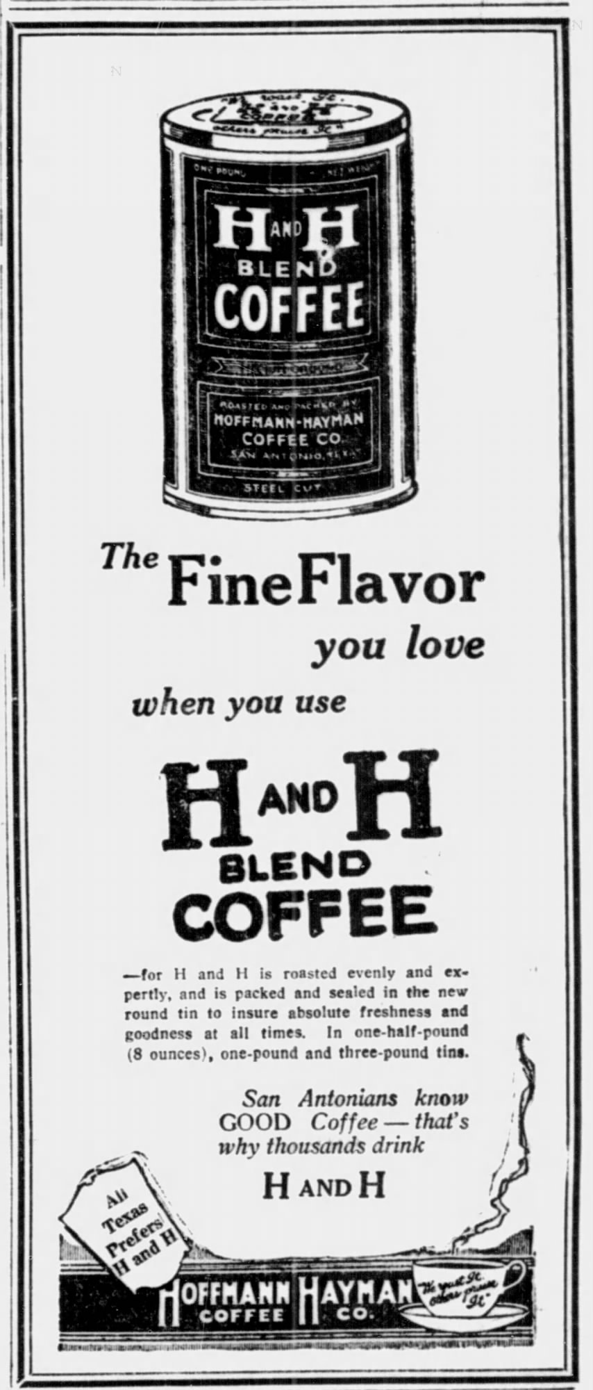 Hoffmann-Hayman display ad — H and H Blend Coffee steel-cut tin sizes — The News (San Antonio), 5 Dec 1924, page 23