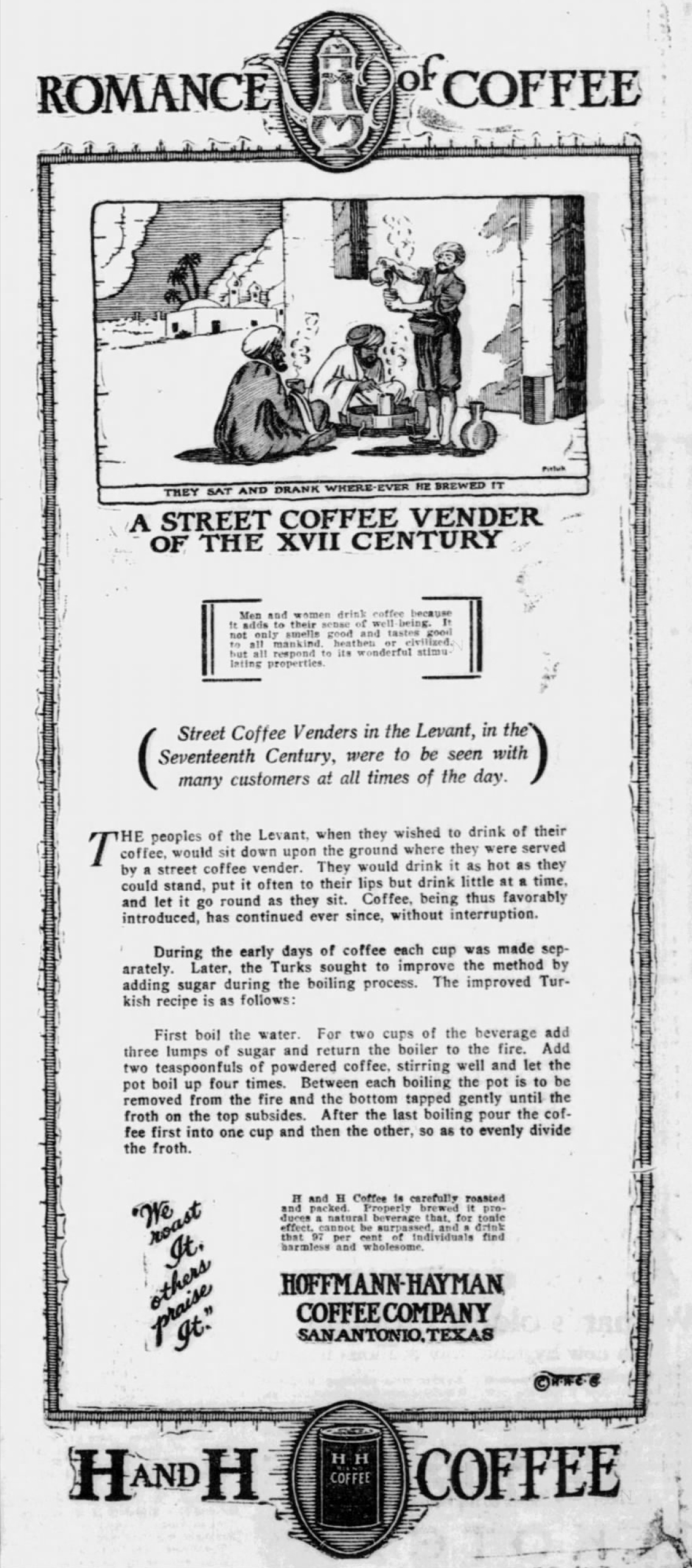 “Romance of Coffee” illustrated ad with Levant street-vendor scene; San Antonio Express-News clip dated 21 Jan 1925, page 7