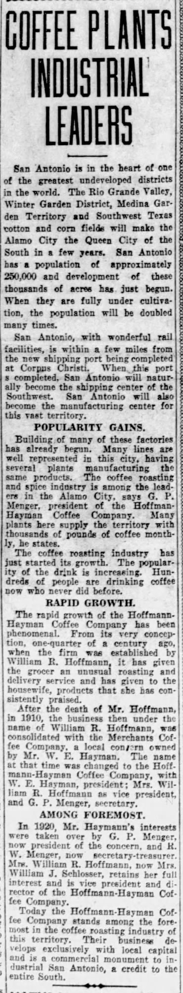 Sunday feature — Rio Grande / Medina Garden trade territory; Hoffmann-Hayman growth; quote from G. P. Menger — San Antonio Light, 4 Oct 1925, page 74
