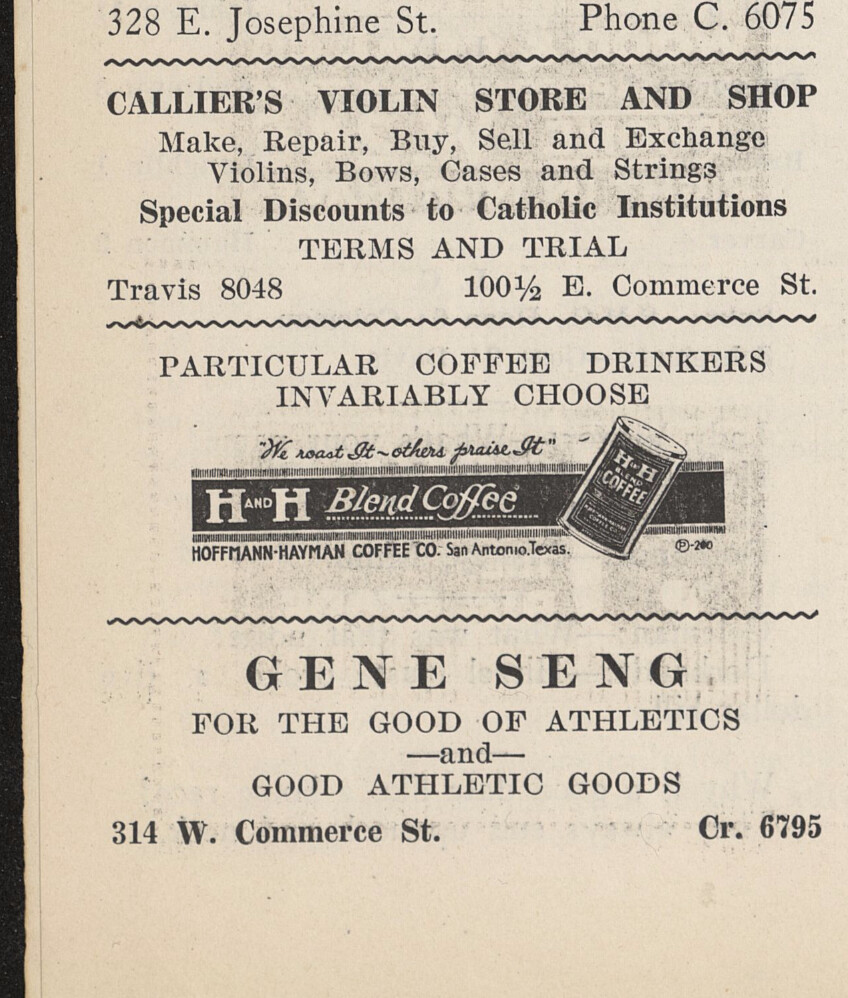 The Rattler (San Antonio), 9 Mar 1926, page 4 — vertical column with Callier's Violin Shop ad, Hoffmann-Hayman H and H Blend coffee display ad with tin illustration, and Gene Seng athletic goods ad