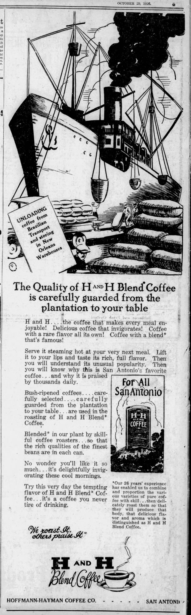 Hoffmann-Hayman display ad — plantation-to-table / blend copy — San Antonio Light, 29 Oct 1926, page 22