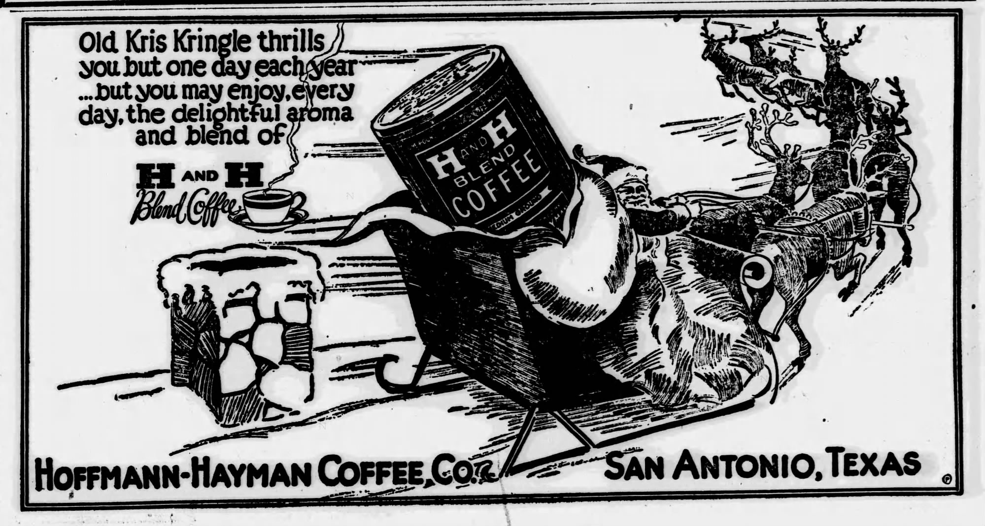 Holiday display — Santa’s sleigh carries oversized H and H Blend tin — The News (San Antonio), 22 Dec 1926, page 20